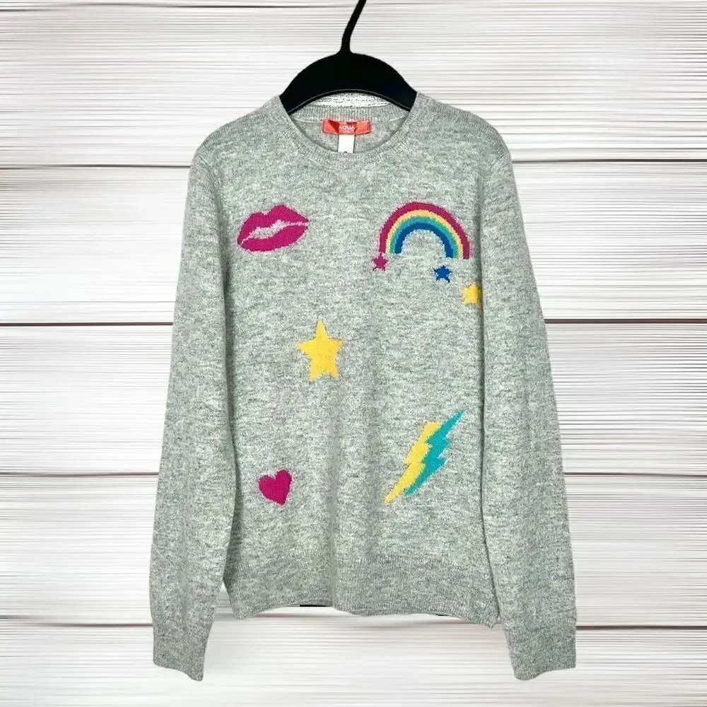 NWT New AQUA Girls Cashmere Crewneck Sweater Gray with Stars and Rainbow L